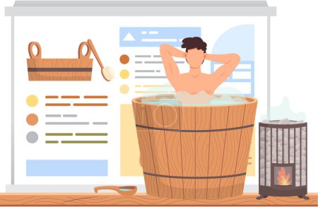 Illustration for Guy stands in barrel and bathes with his hands up. Man in tub against background of poster with sauna accessories, broom for banya and text. Male character in hot steam. Person relaxing in bathhouse - Royalty Free Image