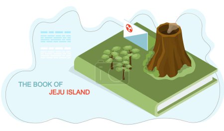 Illustration for The book of Jeju island. Traveling to korea by landmarks, flyer with dormant volcano and forest main attractions and inscriptions. Green island in south korea, sea and land entertainment for travelers - Royalty Free Image