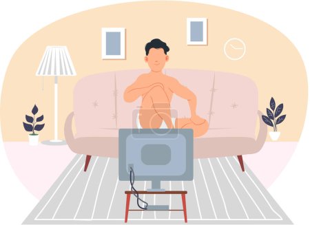 Téléchargez les illustrations : Homme regardant la télévision dans le salon illustration vectorielle. Le personnage masculin repose assis sur le canapé à la maison. Un mec sexy en sous-vêtements est assis sur le canapé. Personne en short regarde l'écran de télévision et se détend - en licence libre de droit