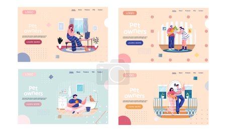 Illustration for Pet owners landing page template. Happy people playing with their domestic animals scenes set, training kitty, walking with little friend. Person is having leisure spend time with cat and dog - Royalty Free Image