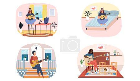 Illustration for Set of illustrations about musicians are playing strings alone. People play guitar and listen. Guitarists perform song and create music and melody. Performer plays musical string instrument - Royalty Free Image