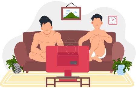Téléchargez les illustrations : Hommes regardant la télévision dans le salon illustration vectorielle plat. Les personnages masculins reposent assis sur le canapé à la maison. Les mecs en sous-vêtements sur le canapé près de la télé. Les gens, les amis passent du temps ensemble après le sauna - en licence libre de droit