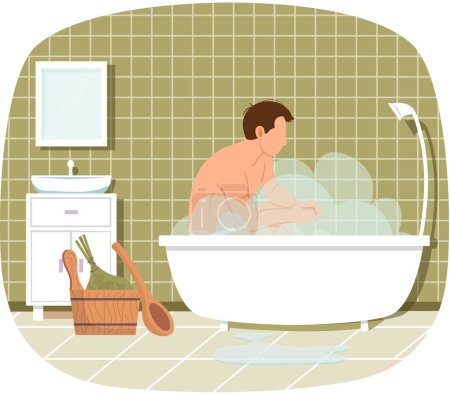 Téléchargez les illustrations : Homme assis dans la baignoire avec de l'eau chaude. Salle de bain à la mode design intérieur moderne. Il prend son bain avec de la mousse. Concept de nettoyage de la peau et des cheveux. Caractère masculin relaxant dans le sauna à la maison avec vapeur - en licence libre de droit
