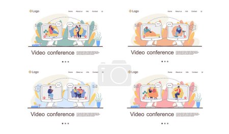 Illustration for Set of pictures about via video conference. People communicate and take medication in self-isolation. Characters on online meeting spend time together on quarantine. Remote communication via Internet - Royalty Free Image