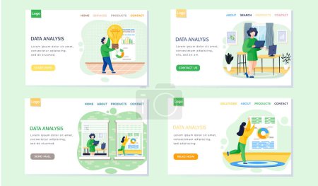 Illustration for Data analysis, analytics landing page template set of four scenes, business research concept and analysis of statistical indicators. Small person and information facts development presentation charts - Royalty Free Image