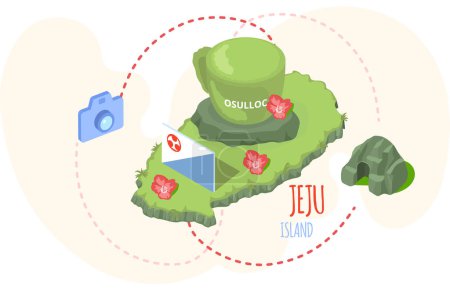 Illustration for Traveling to asia by landmark osulloc tea museum in Jeju island. Topiary green cup in cartoon style attraction of beautiful island in south korea, touristic entertainment journey recommended to visit - Royalty Free Image