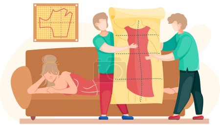 Illustration for Planning model of future garment. Professional tailoring studio. Sewing clothes. Tailors holding poster with dress pattern. Girl lying on couch and looking at design mockup of unfinished dress - Royalty Free Image