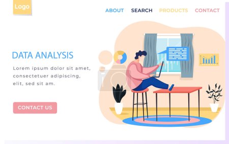 Illustration for Data analysis landing page template man with laptop, businessman or clerk working at desk in home office. Guy with chat bubble freelancer enterpreneur performs work or studying on computer remotely - Royalty Free Image