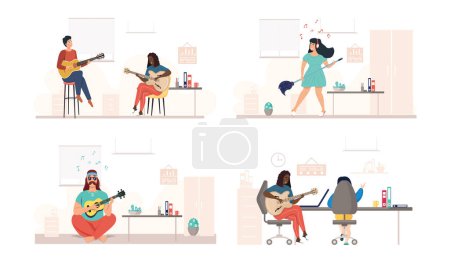 Illustration for Characters play guitar. Set of illustrations with performers sing and compose in office. People with guitar at workplace. Guitarists performing for audience. People with guitar create songs - Royalty Free Image