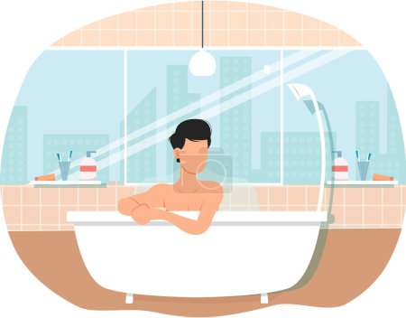 Illustration for Man sitting in bathtub with hot water. Trendy bathroom modern interior design. Guy is steaming in bath. Male character relaxing in home sauna with steam. Person resting in bathroom vector illustration - Royalty Free Image
