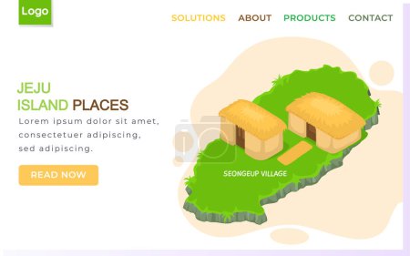 Illustration for Jeju island places landing page template. Traveling to asia by landmarks icon map in cartoon style with main attraction seongeup village, rural houses reed yellow roof. Green island in south korea - Royalty Free Image