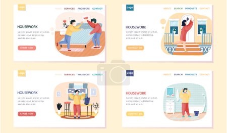 Illustration for Housework landing page template with people do household chores in their apartment set of four scenes. Stay at tidy home. Family members together activity for hygiene and disinfection, clean house - Royalty Free Image