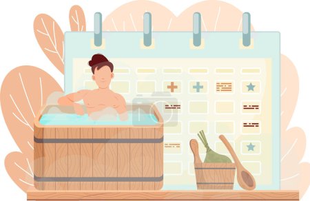 Illustration for Man sitting in wooden tub. Guy in barrel is resting on background of calendar with signs. Male character in bath with hot steam. Person bathes in boiling water. Time tracking and time management - Royalty Free Image