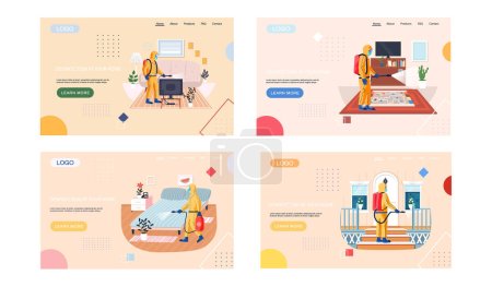Illustration for Disinfection in your home set of landing page temlate with sanitary worker disinfects living room to kill viruses and bacteria. Male character in protective suit sprays room with disinfectant solute - Royalty Free Image