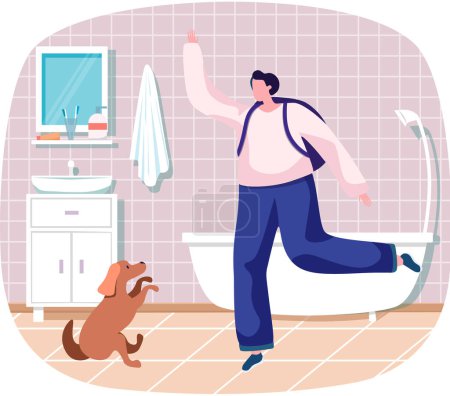 Illustration for Pet owner happy woman playing with dog at home in bathroom, funny girl jumping training puppy, walking with her little friend. Female is having leisure spend time with domestic animal cute doggy - Royalty Free Image