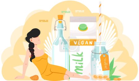Illustration for Plant-based vegan milk. Healthy cow alternative to lactose milk, environmentally friendly product. Set of nutty milk in different containers. Woman in yellow dress lying near packs with vegan drink - Royalty Free Image