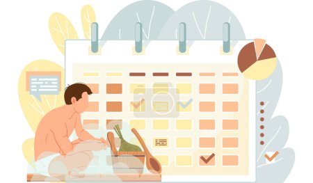 Illustration for Man sitting near calendar with signs. Guy next to schedule is resting in sauna. Male character in hot steam. Person looks at bath accessories and broom. Time tracking and time management concept - Royalty Free Image