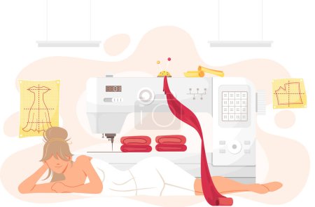 Illustration for Sewing machine with piece of red fabric. Custom tailoring with special equipment. Girl in dress or swimsuit after bath is lying near sewing machine. Woman resting while making clothes in studio - Royalty Free Image