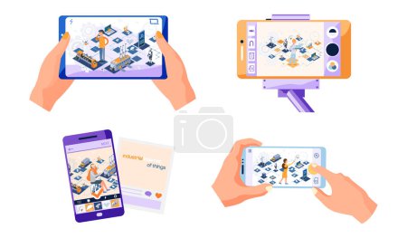 Illustration for Human hand holding smartphone scenes set with site about modern means of technical progress. Digital circuit data line, internet of things. Computerized information storage and protection management - Royalty Free Image