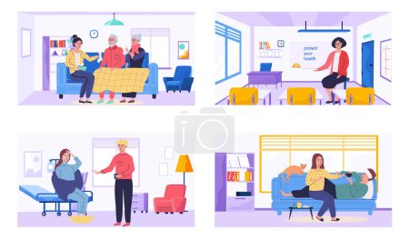 Illustration for Set of illustrations about healthcare and treatment. People take medication and help relatives. Characterss take antiviral and apply disease control methods. Patients suffer from illness at home - Royalty Free Image