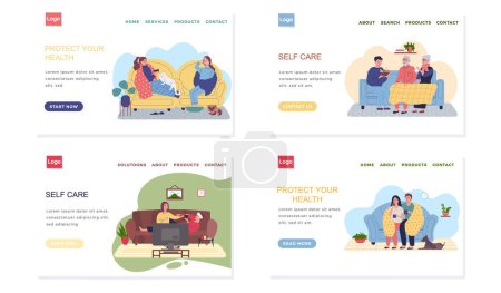 Illustration for Set of illustrations about self-medicating websites in quarantine. Effective self care and protection of health concept. People take care of sick relatives and give medicine. Self-isolation pastime - Royalty Free Image