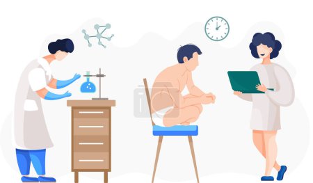 Illustration for Woman in lab coat is working with equipment. Chemical research in laboratory. Scientist communicate with male character during work. Man in swimsuit after bath or sauna is watching experiment - Royalty Free Image