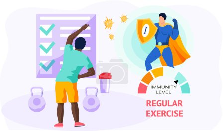 Illustration for Workout session, daily exercises, fitness time, slopes. Guy goes in for sports and maintains healthy lifestyle. Superhero demonstrates high level of immunity. Man makes slopes according to schedule - Royalty Free Image