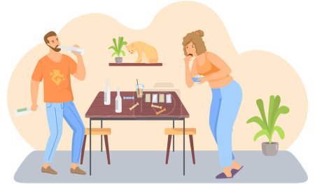 Illustration for Guy drinks alcohol in living room. Addicted people rest together. Man with alcohol beverage relaxing at home with girl. Unhealthy lifestyle concept. Woman eating cake, junk food, unhealthy diet. - Royalty Free Image