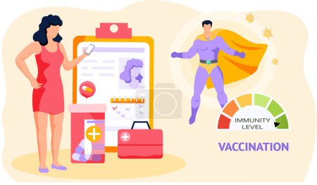 Illustration for Female character looks at phone screen. Disease treatment and vaccination. Healthy lifestyle concept. Superhero demonstrates high level of immunity. Patient documents, pills and medicines for diseases - Royalty Free Image