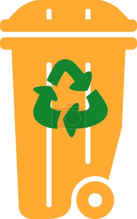 Téléchargez les illustrations : Recycler le bac à roue en plastique pour les déchets isolés sur fond blanc. Poubelle avec symbole de déchets recyclables. Vue de face du conteneur à roue recyclable couleur orange pour les déchets. Sauver la planète concept - en licence libre de droit