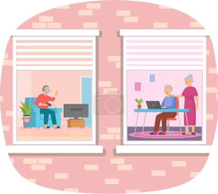 Illustration for Old people play video game. Modern senior people gadgets. Oldster education computer. Old progressive use modern technology. Learning to use PC. Elderly couple gadgets. Aging parents video conference - Royalty Free Image