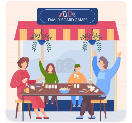 Illustration for Family board games shop, awning with entertaining gaming, people sitting near store playing table game. Happy family, parents with children spend time with logic card games resting outdoor in club - Royalty Free Image