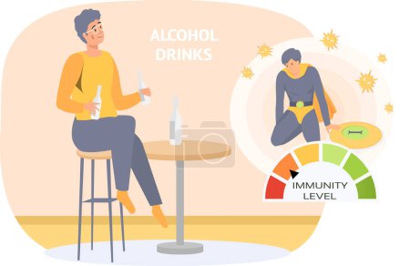 Illustration for Dependent girl drinks alcohol alone sitting on chair at table. Loneliness addicted female depressed with alcohol beverage at home. Immunity level decreases due to drinking. Unhealthy lifestyle concept - Royalty Free Image