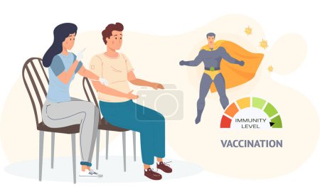 Illustration for Doctor is making injection to male patient in hospital. Disease treatment and vaccination. Healthy lifestyle concept. Superhero demonstrates high level of immunity. Nurse working with syringe - Royalty Free Image