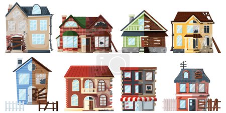 Illustration for Home renovation. House before and after repair. Set of renovate houses. New and old suburban cottage. Remodel building transformation. Old and new building, remodeling. Renovation and repair facade - Royalty Free Image