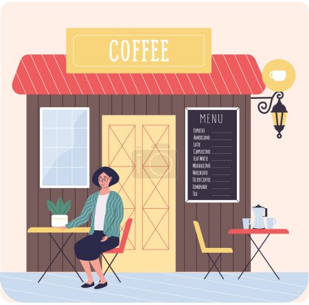 Illustration for Small street cafe with menu board. Lady ordered coffee and waiting for waiter sitting on terrace at table. Family business cute coffee market. Shop facade with tent and flower decoration outdoors - Royalty Free Image