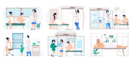 Illustration for Set of illustrations on topic of working in laboratory and medical consultation. Chemical research in lab. Scientists communicate during experiment. People in underwear after bath or sauna in hospital - Royalty Free Image