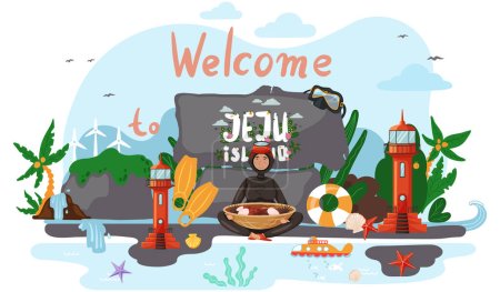 Landscape of Jeju island in South Korea, traditional elements. Woman in scuba suit holds large bowl of seafood. National dish of island. Girl in wetsuit, plants and nature in Jeju. Scuba diving island