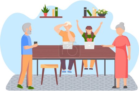 Illustration for Elderly people and children surfing internet together. Happy old couple with their grandchildren watching video on laptop. Grandparents and kids with computers are using technologies to have fun - Royalty Free Image
