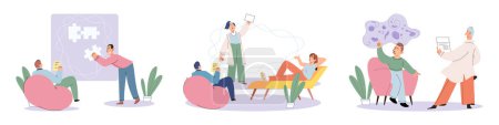 Illustration for Psychology support, mental social help. Psychotherapy. Mental therapy session with a psychotherapist or psychologist. Family psychologist speaking with couple, family psychiatry concept set - Royalty Free Image