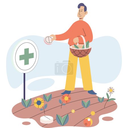 Illustration for Herbal medicine and homeopathy healthcare and health treatment concept. Man growing plants picking leaves in garden. Using healing power of nature plants and flowers. Organic cure and aromatherapy - Royalty Free Image