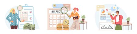 Illustration for People analysis budget. Calculate financial plan of save income and expense management. Grocery price rising up. Utility bills, gas. Spending and cost. Cash flow. People make accounting analysis - Royalty Free Image