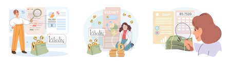 Illustration for People analysis budget. Calculate financial plan of save income and expense management. Budget planning, records management. Plan, review, approve, allocate, woman analyze and optimize budgets - Royalty Free Image