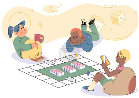 Illustration for Children sitting on floor and playing together board game at home. Happy family in room interior plays card role-playing game, joint collective hobby parents and children chips and cards on table - Royalty Free Image