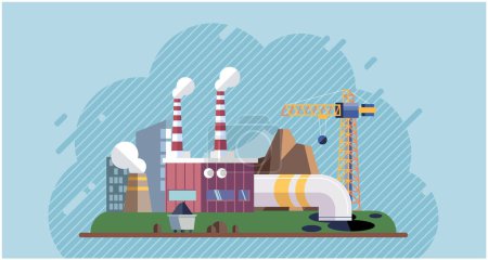 Illustration for Industries that create pollution and cities that affected by pollution. Metaphor climate change, global warming and water crisis. Save the planet symbols. Environmental problem. Fire and oil pollution - Royalty Free Image