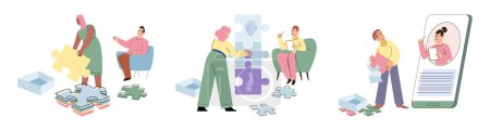 Illustration for Therapy, people counseling with psychologist, persons in psychotherapist sessions. Psychological help, psychologist. Patient at psychoanalysis and CBT therapy with psychotherapist. Mental game puzzle - Royalty Free Image