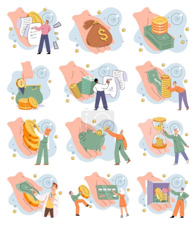 Illustration for Cash back, money saving, online shopping. Businessman investor with coins. Bank loan vector set. Employee or entrepreneur puts money in stack, calculates profit. Financial literacy and passive income - Royalty Free Image