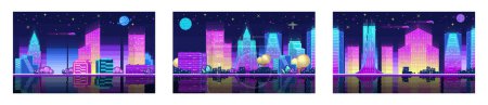 Téléchargez les illustrations : Cyberpunk néon nuit de la ville. Scène futuriste de la ville dans un style de pixel art. Pixel art fond de jeu. Rue dans une ville cyberpunk. Pixel art set illustration du paysage urbain la nuit avec des gratte-ciel - en licence libre de droit