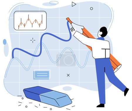 Illustration for Stock market manipulation concepts set, change business graph indicator, influence crypto currency price for benefit or profit. Character analyzing stock market data to control financial graphic chart - Royalty Free Image