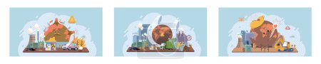 Illustration for Measuring planet temperature. Climate change set. Global warming, greenhouse, melting ice, earth pollution and disaster. Global warming, climate change, plastic pollution and ecology problems - Royalty Free Image